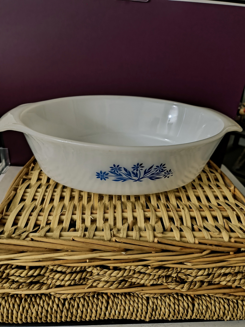 Anchor Hocking Fire King White Baking Dish with Blue Floral Motif